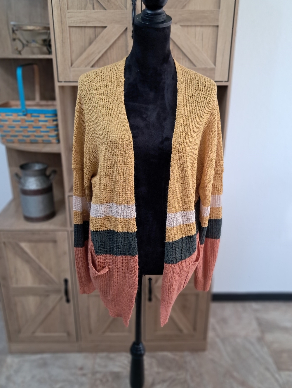 Runway 7 Women’s 1X Knit Cardigan Open Front Striped Multicolored Pockets Boho